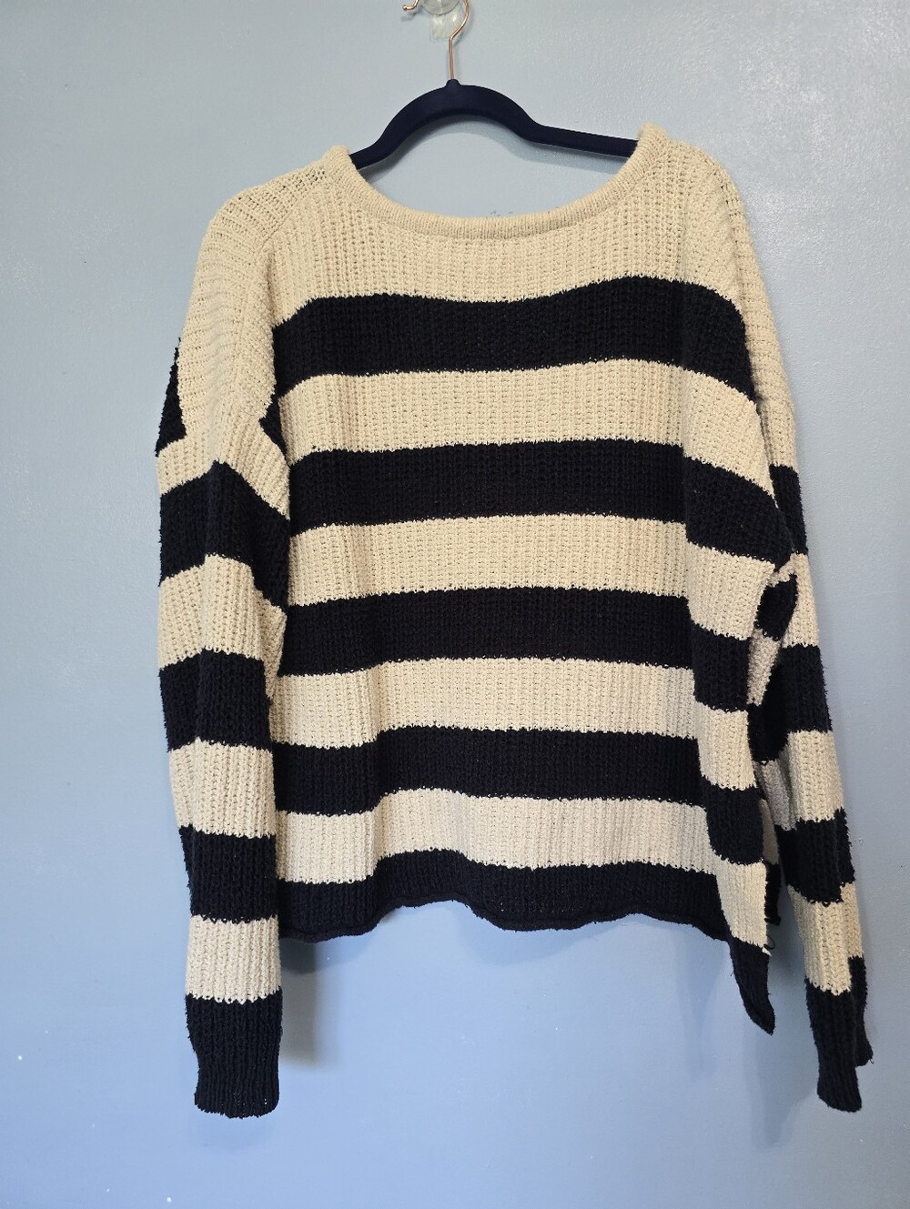 Zara Oversized Striped Black and Cream Women's Sweater S
